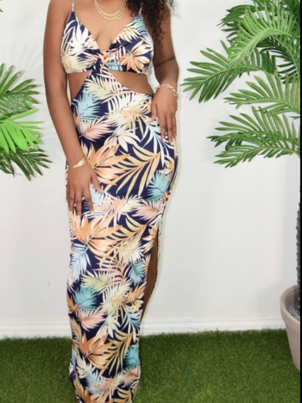 Tropical Floral Cur out  Maxi Dress in Navy and Tan